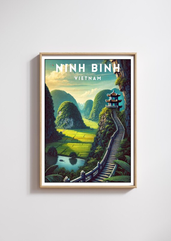 Ninh Binh Travel Poster Vietnam Mountain Rice Field Art Print Tam Coc Landscape Wall Decor Ninh Binh Illustration Asia Travel Poster Gift