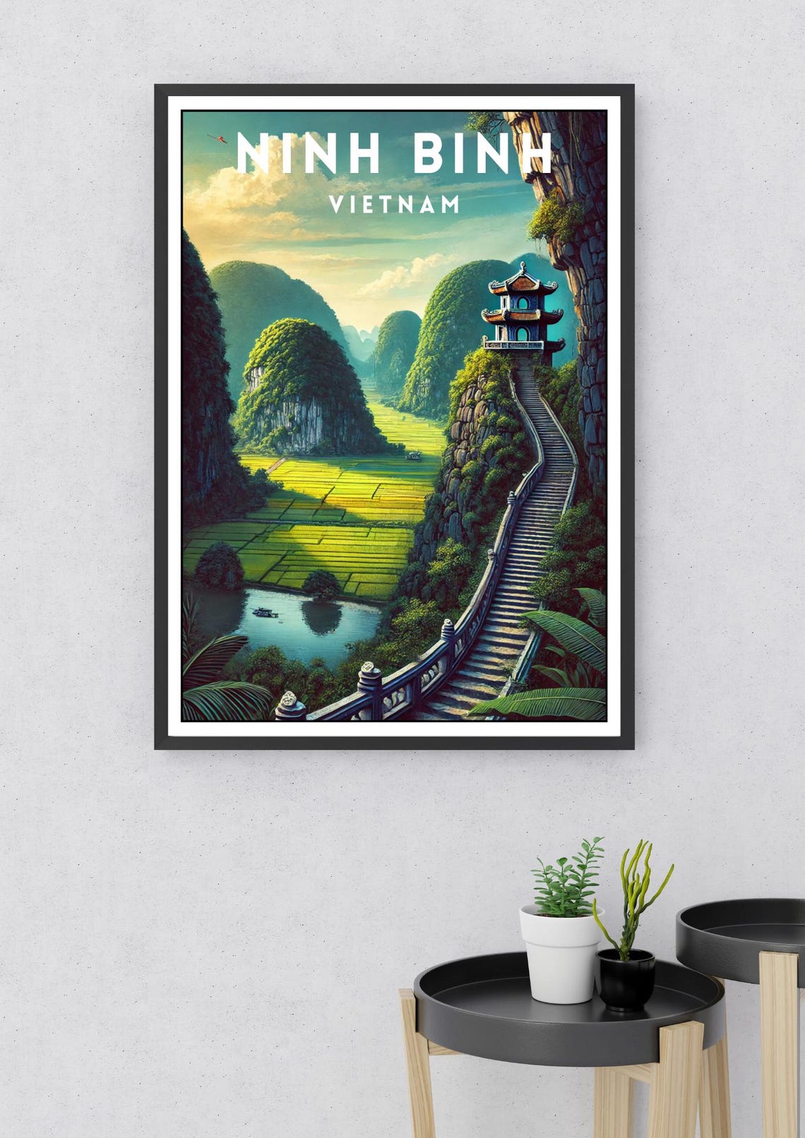 Ninh Binh Vietnam Karst Peaks Rice Paddies Pagoda Vintage Poster - Image 2