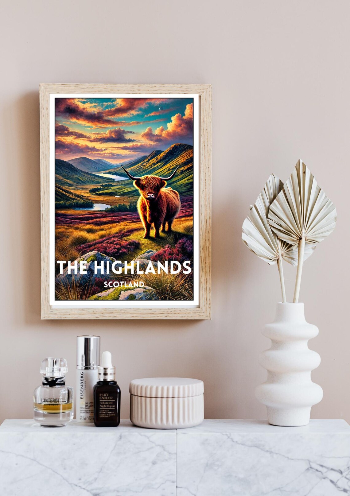 Scottish Highlands Highland Cow Heather Hills Sunset Vintage Poster - Image 4