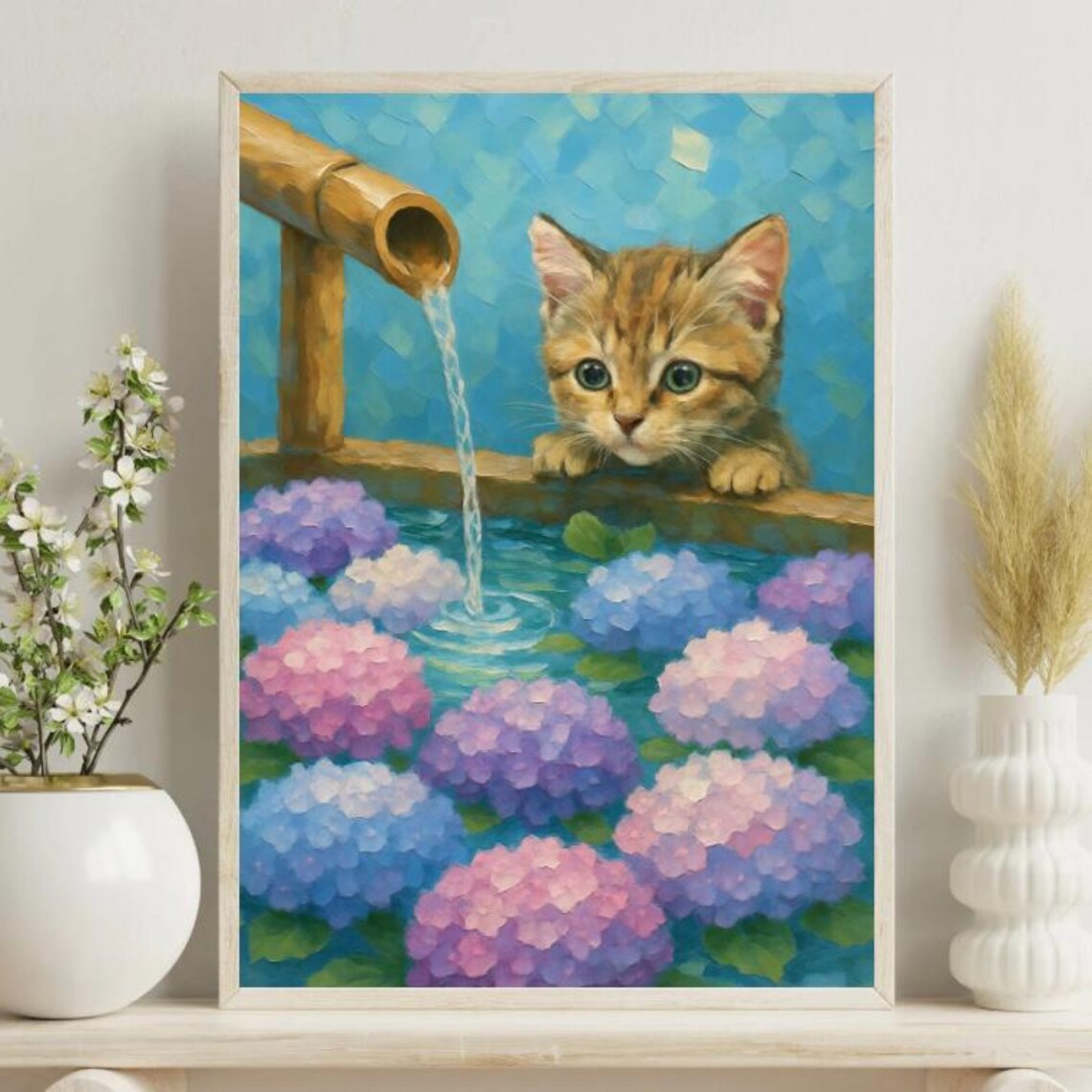 Japanese Kitten Hydrangea Pond Bamboo Fountain Watercolor Art Poster