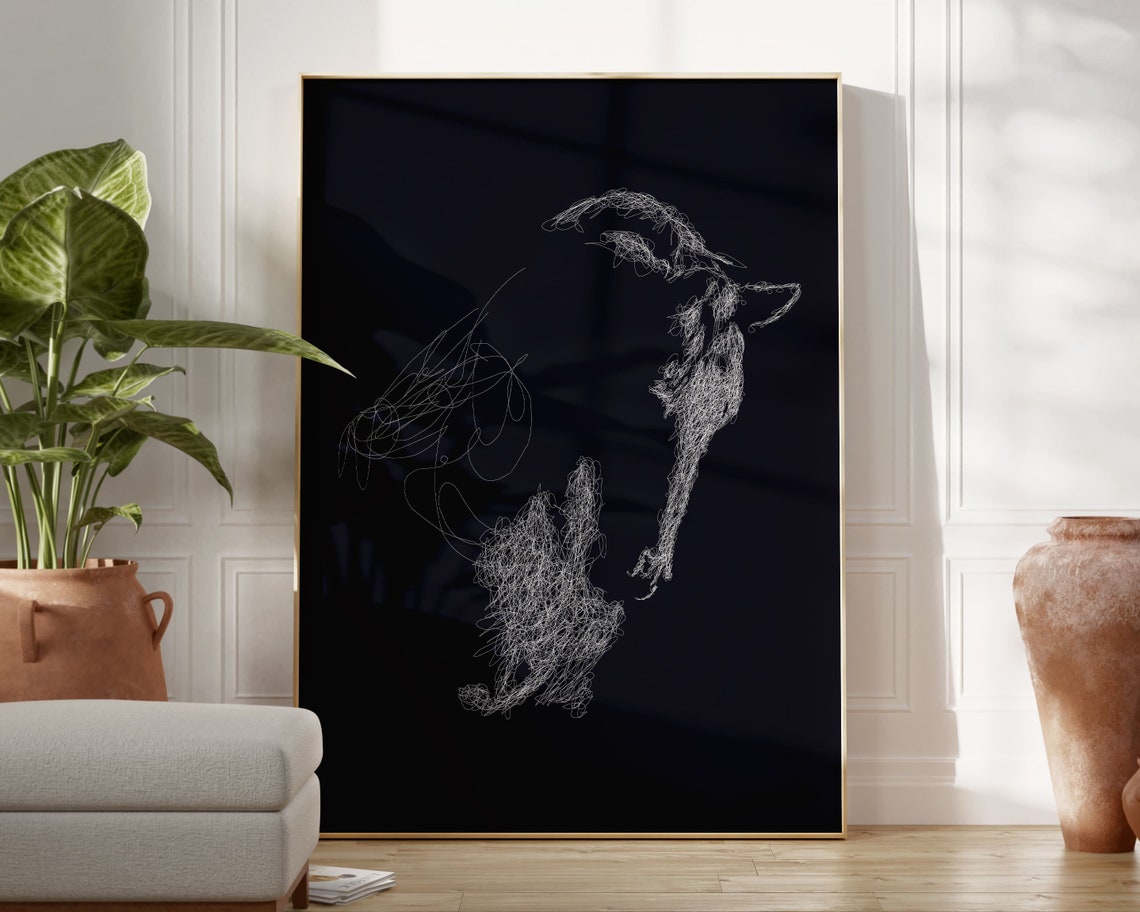 Horse Head White Line Sketch Black Background Animal Art Poster - Image 2