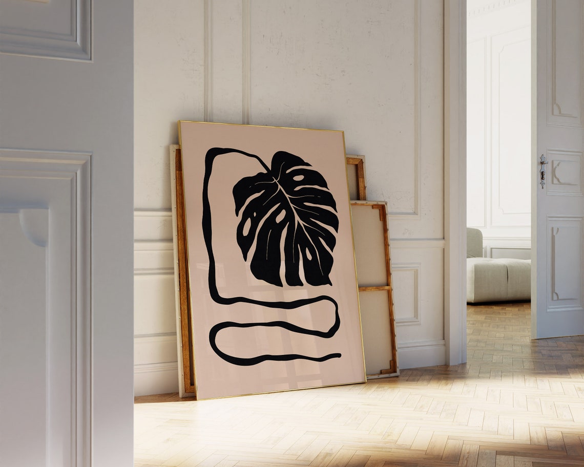 Black Monstera Leaf with Wavy Line Frame Abstract Botanical Poster - Image 2