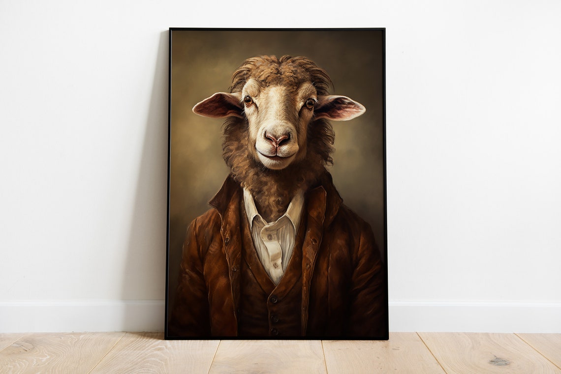 Renaissance Sheep Portrait in Leather Jacket Funny Animal Wall Art