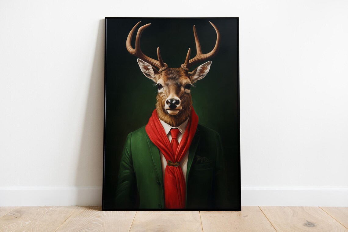 Christmas Stag Portrait Green Suit Red Scarf Festive Wall Art