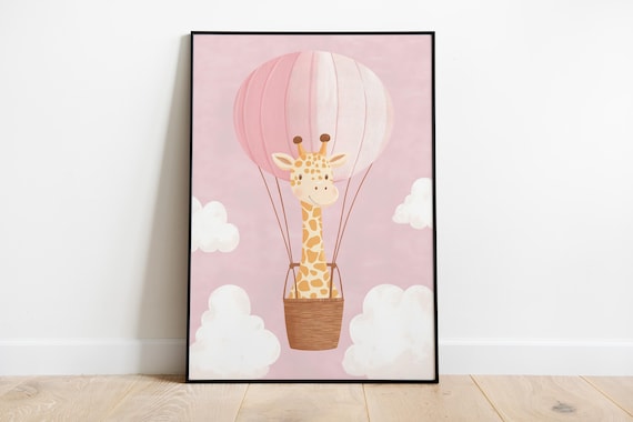 Adorable Giraffe Floating in a Pink Hot Air Balloon Nursery Poster