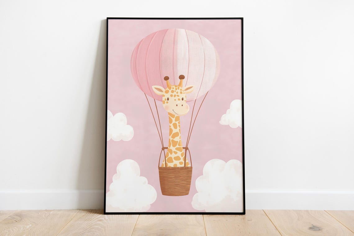 Adorable Giraffe Floating in a Pink Hot Air Balloon Nursery Poster
