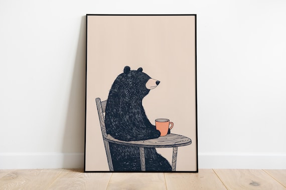 Bear With Coffee Art Print Quirky Kitchen Poster