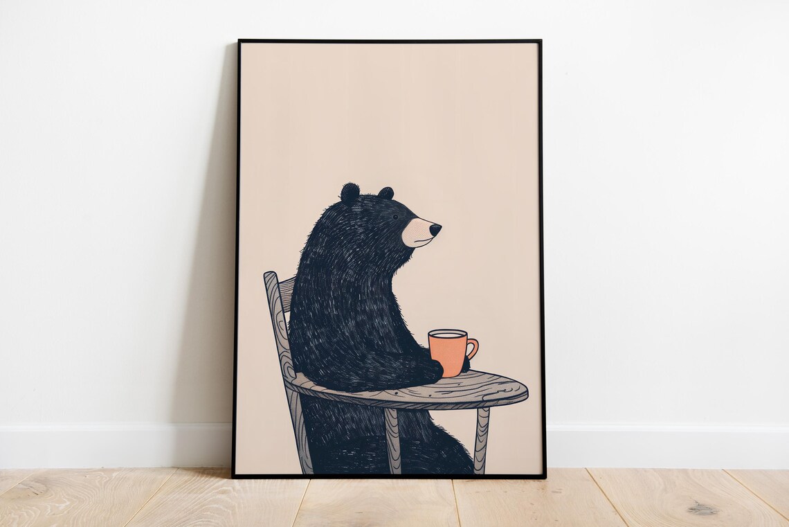 Bear With Coffee Art Print Quirky Kitchen Poster