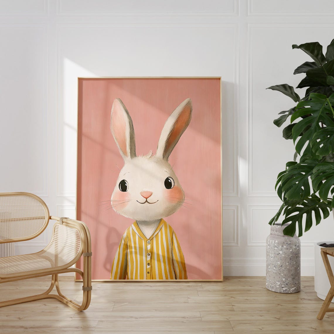 Adorable White Bunny in Striped Pajamas Pink Kids Nursery Poster - Image 2