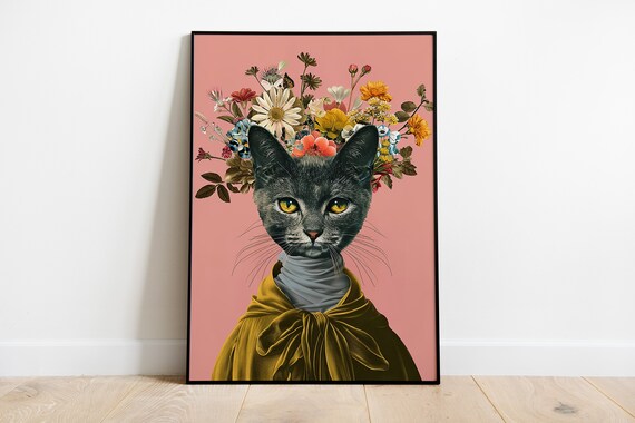 Gray Cat Portrait with Floral Crown Gold Cape Pink Background Poster
