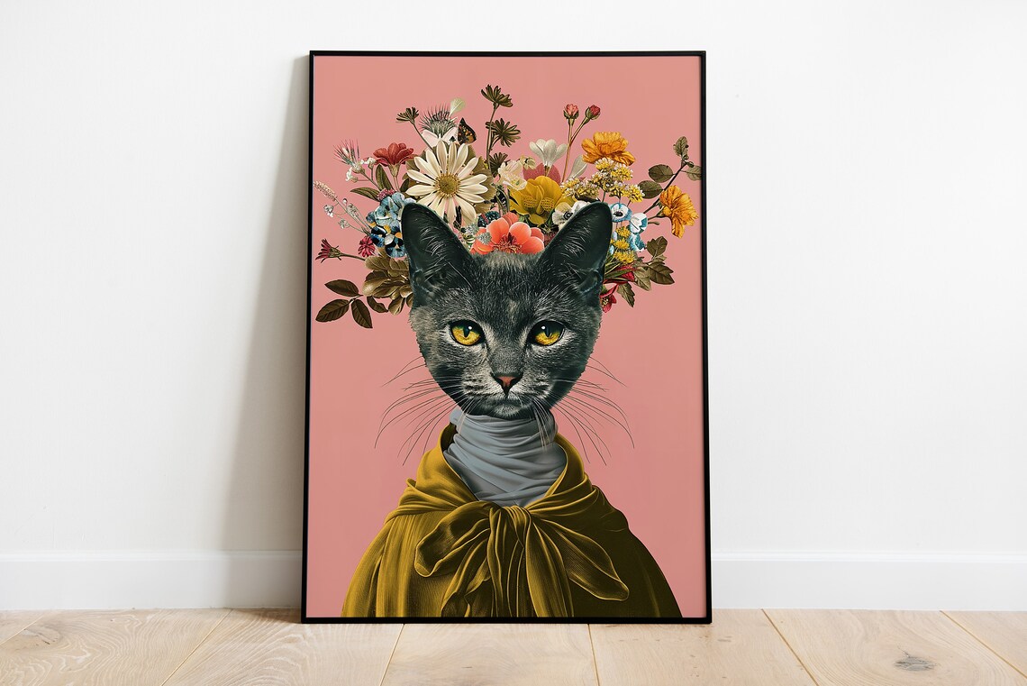 Gray Cat Portrait with Floral Crown Gold Cape Pink Background Poster