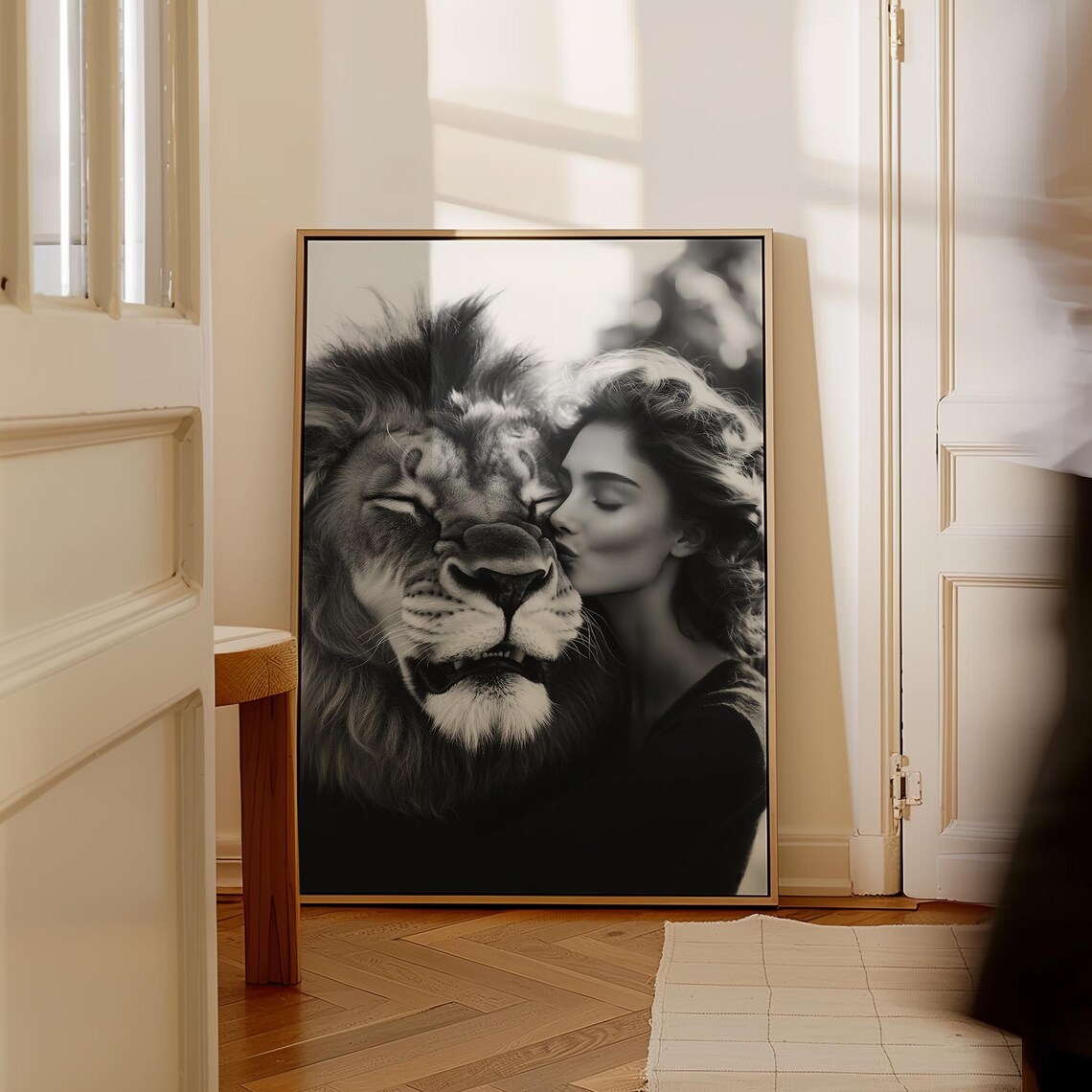 Woman And Lion Tender Embrace Black And White Photography Print