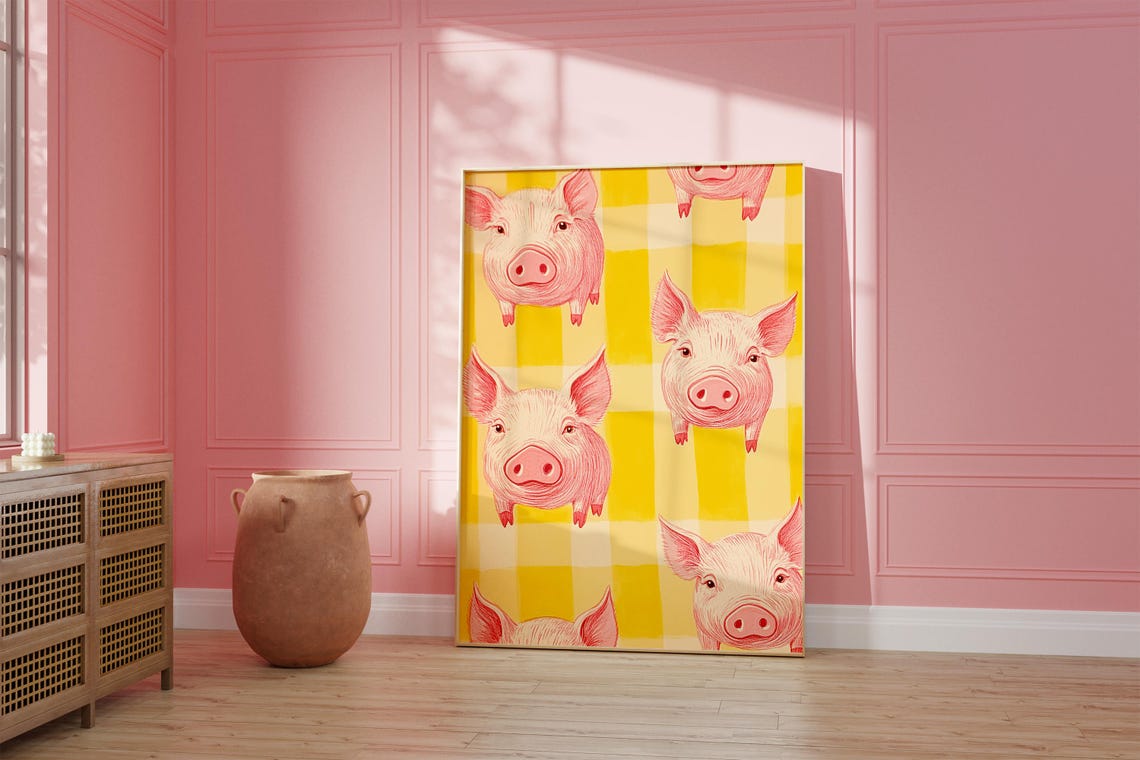 Cute Pink Piglet Faces on Yellow Gingham Check Pattern Poster - Image 2