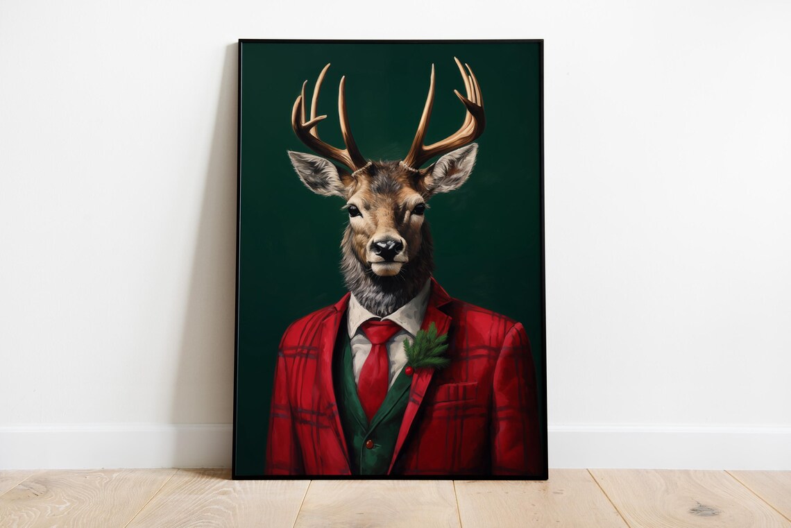 Christmas Stag Portrait Poster, Elegant Festive Art