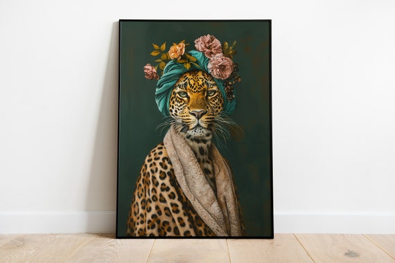 Leopard in Bathrobe Art Print, Whimsical Bathroom Decor