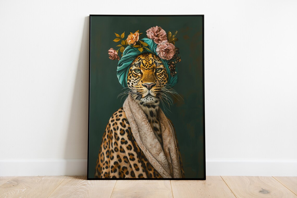 Leopard in Bathrobe Art Print, Whimsical Bathroom Decor