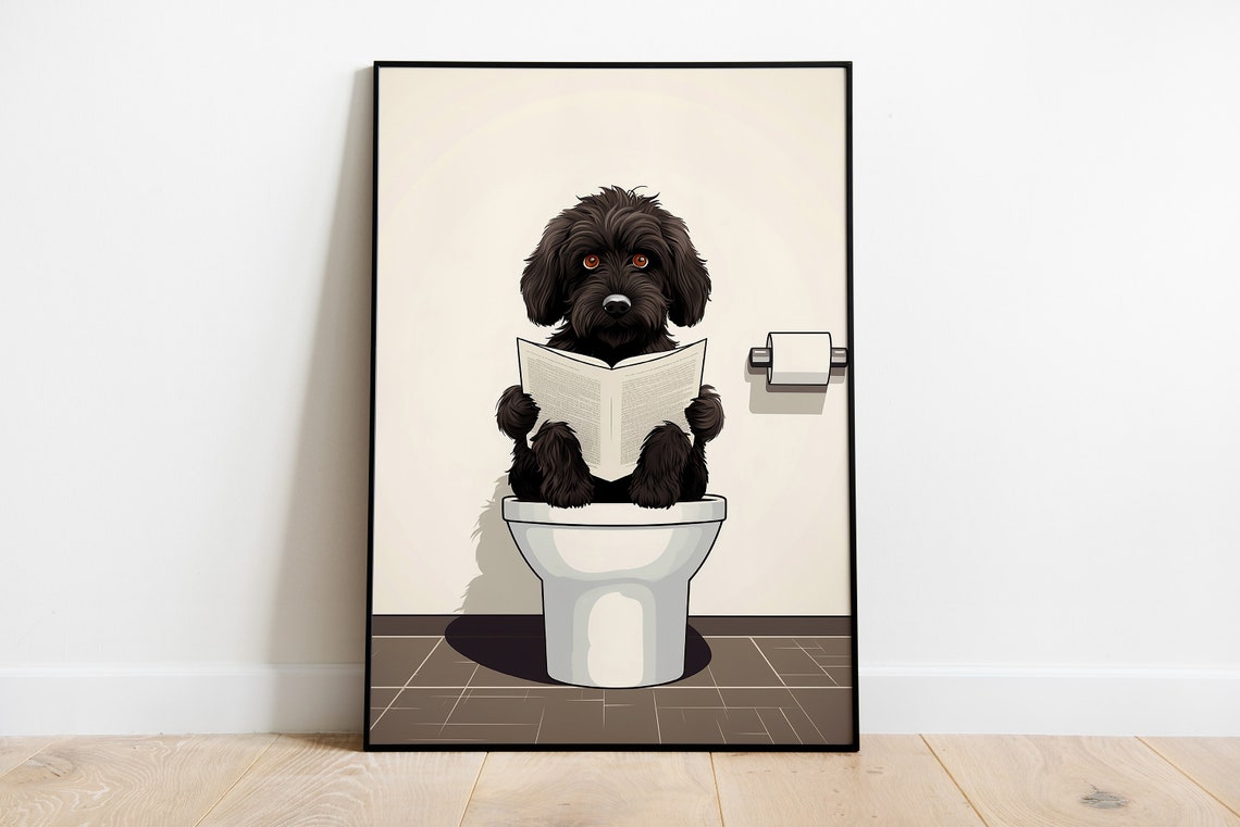Funny Black Cockapoo on a Toilet Reading a Book Bathroom Poster