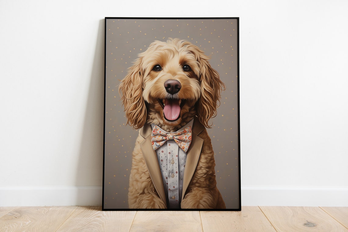 Smiling Cockapoo Dog Portrait in Suit and Bow Tie Funny Dog Print