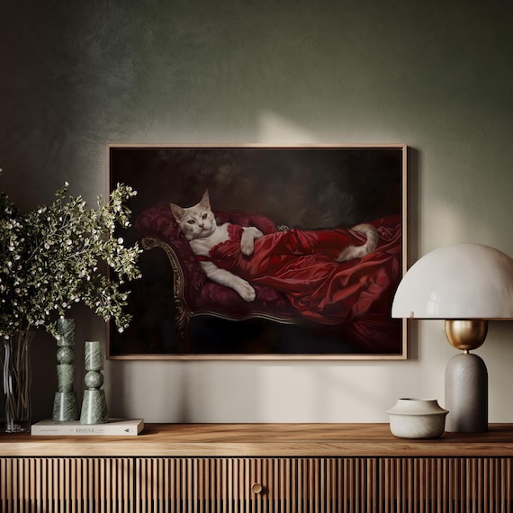 Whimsical White Cat Portrait in Red Dress Elegant Feline Wall Art