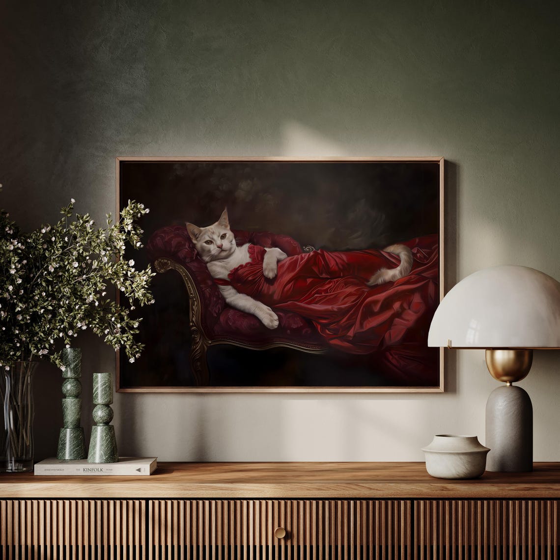 Whimsical White Cat Portrait in Red Dress Elegant Feline Wall Art