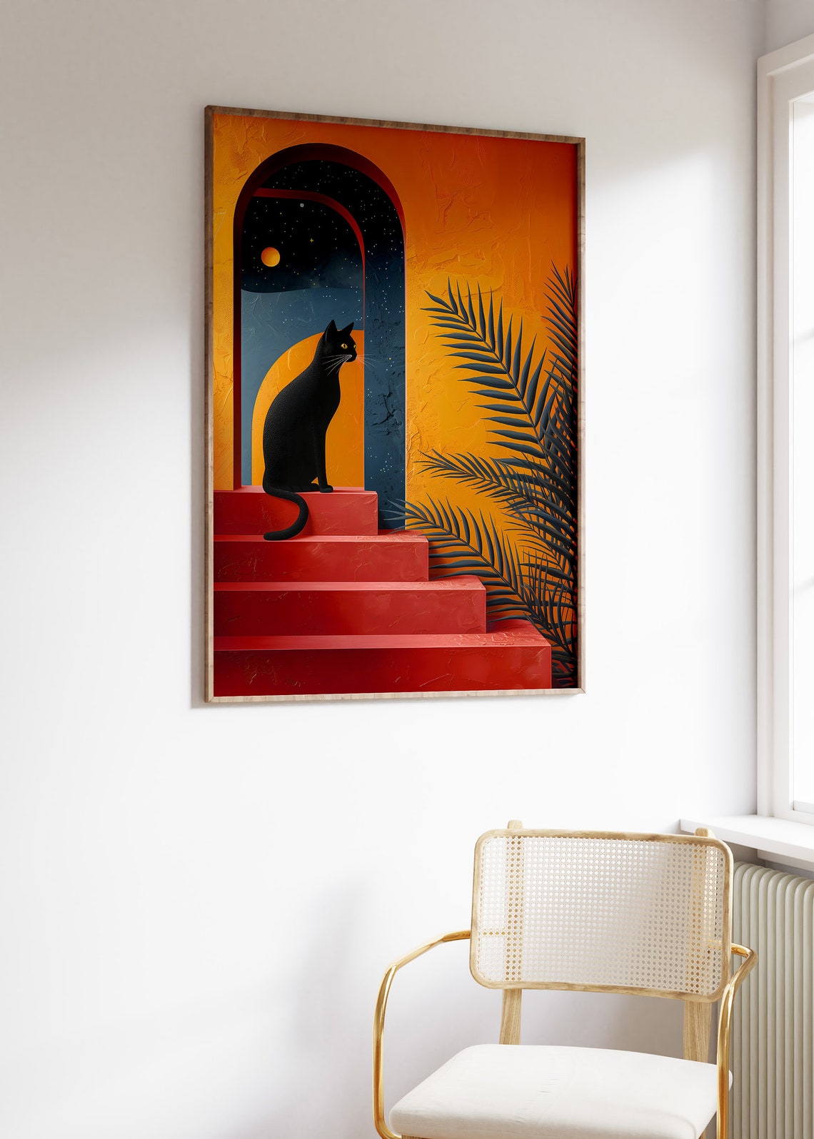 Black Cat Sitting on Red Stairs with Starry Archway Boho Poster - Image 3