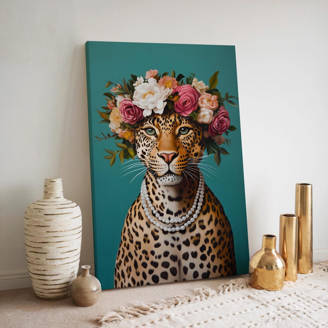 Leopard Portrait Floral Crown Pearls Eclectic Glam Animal Art Poster