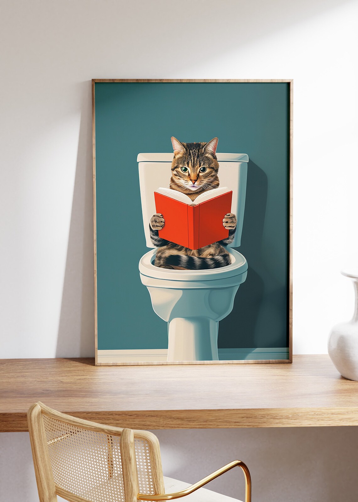 Cat Sitting On Toilet Reading Book, Funny Bathroom Art Print - Image 5