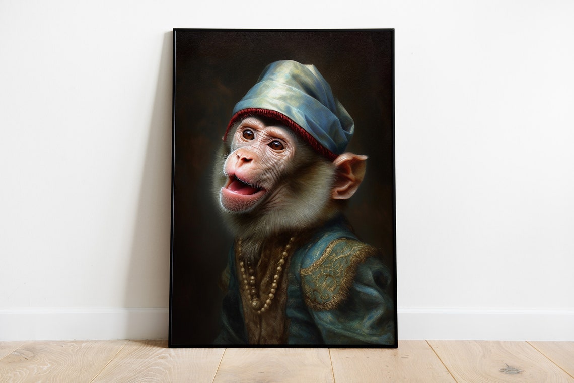 Renaissance Monkey Portrait In Blue Cap Pearl Necklace Art Poster