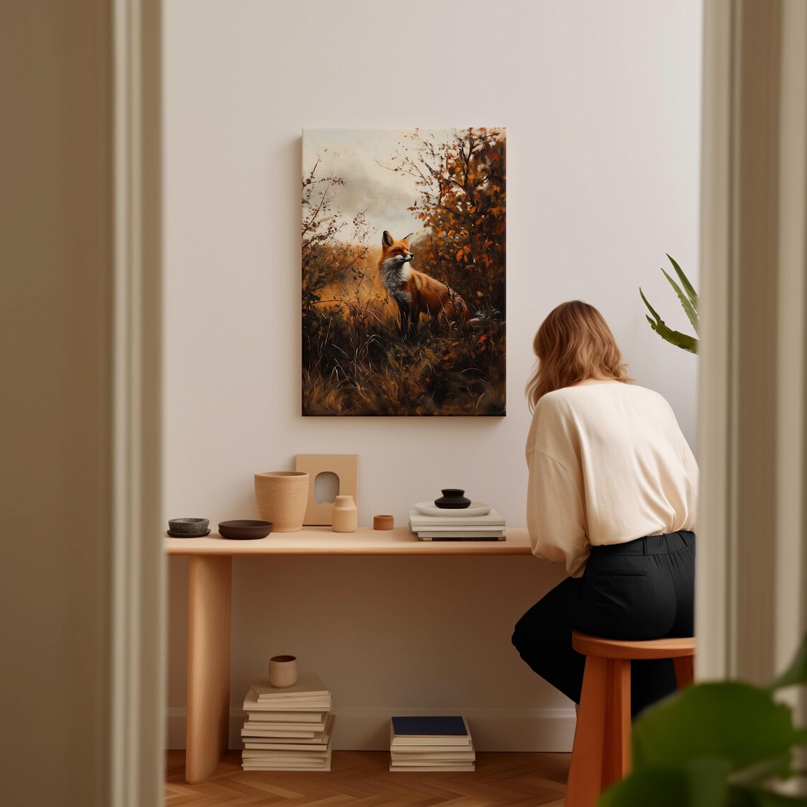 Red Fox Standing Alert in Golden Autumn Meadow Oil Painting Poster - Image 2