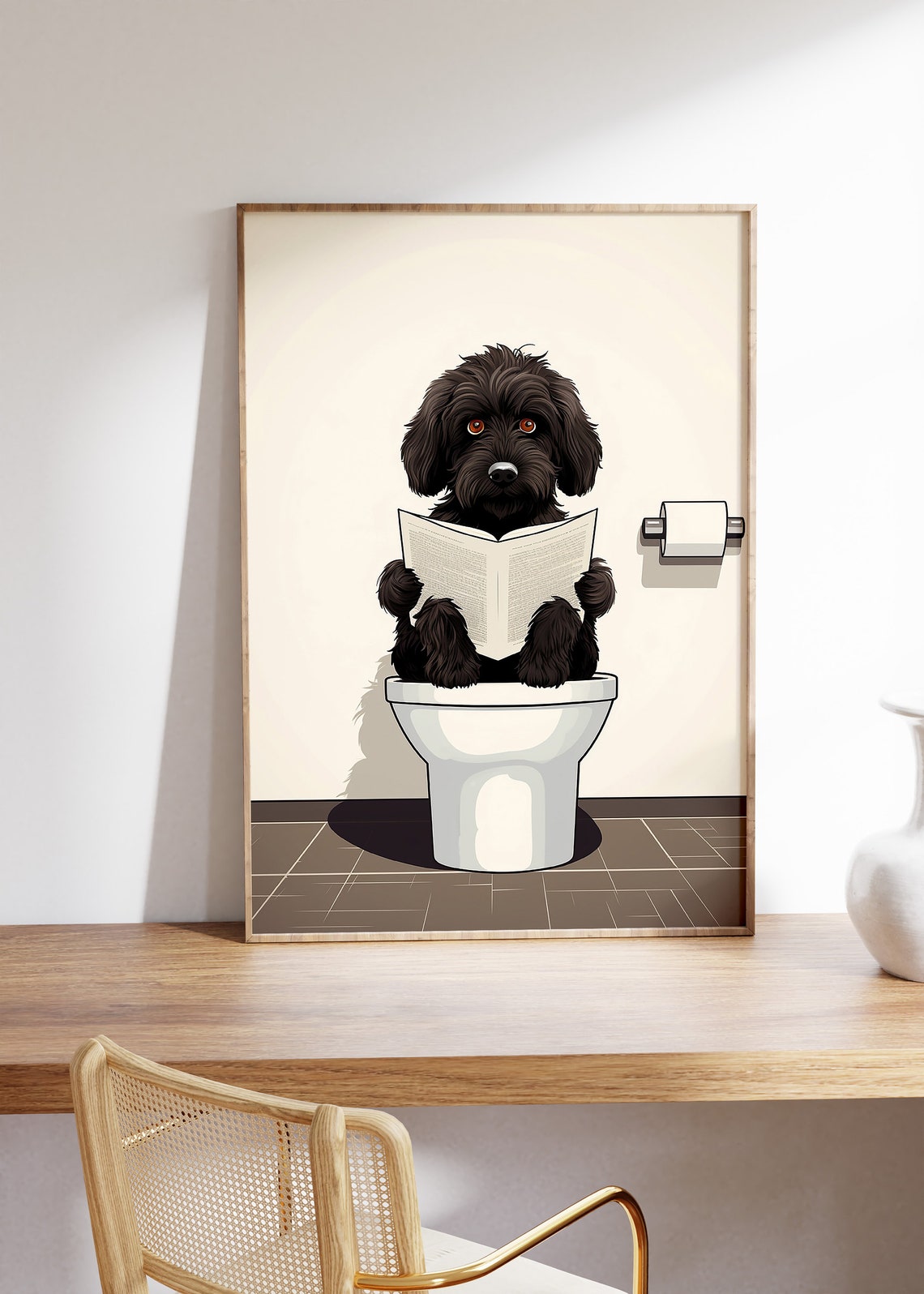 Funny Black Cockapoo on a Toilet Reading a Book Bathroom Poster - Image 5