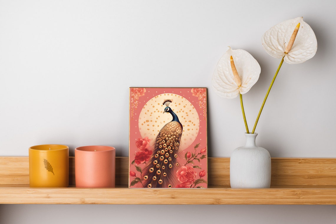 Elegant Golden Peacock under Full Moon Pink Floral Art Poster - Image 3