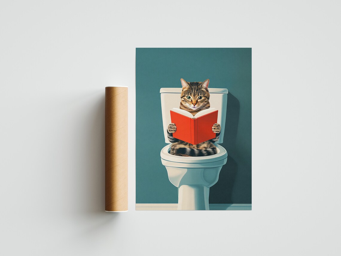 Cat Sitting On Toilet Reading Book, Funny Bathroom Art Print - Image 3