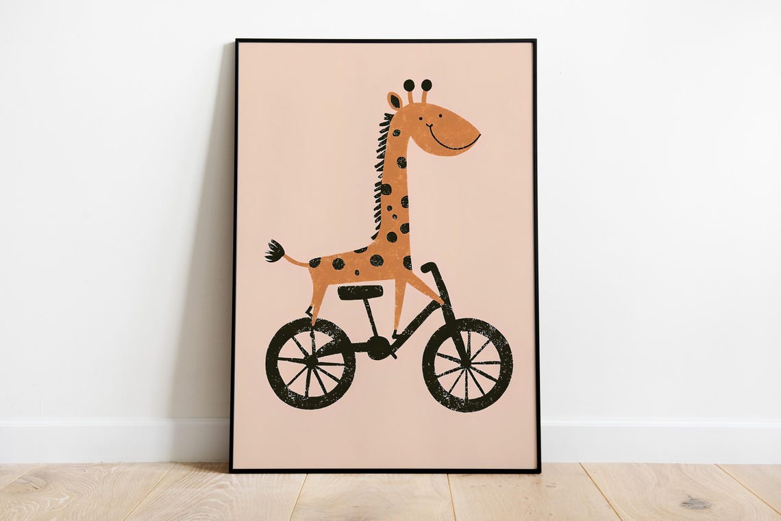 Smiling Giraffe Riding A Bicycle Cute Safari Nursery Animal Poster