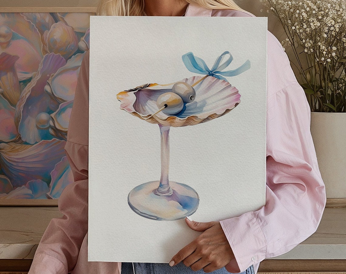 Scallop Shell Martini Glass With Olives Watercolor Artwork Poster