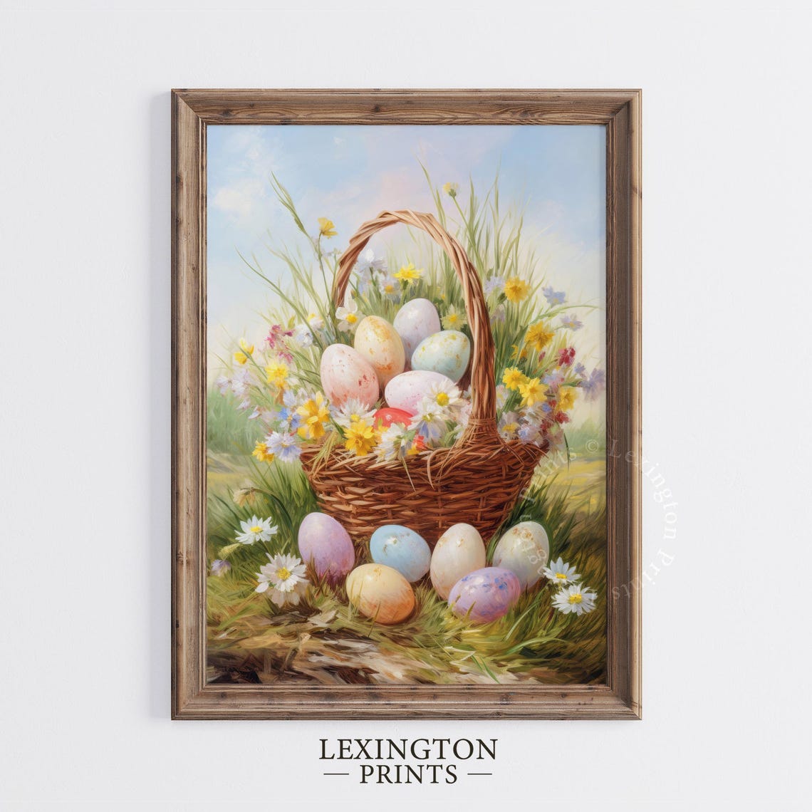 Pastel Easter Eggs in Wicker Basket With Spring Flowers Art Print - Image 5