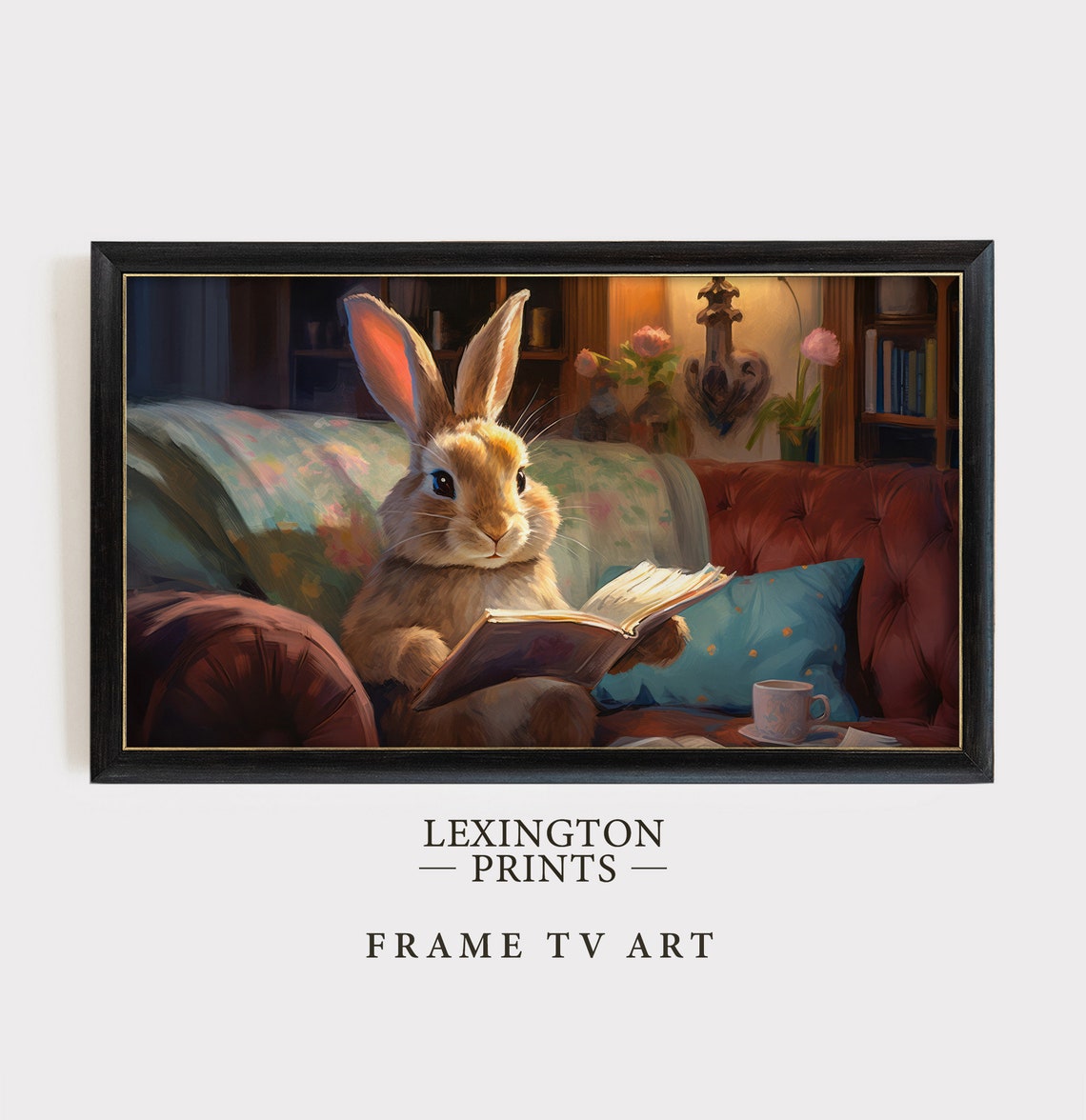 Cute Bunny Reading Book On Cozy Couch In Warm Library Scene Poster - Image 4