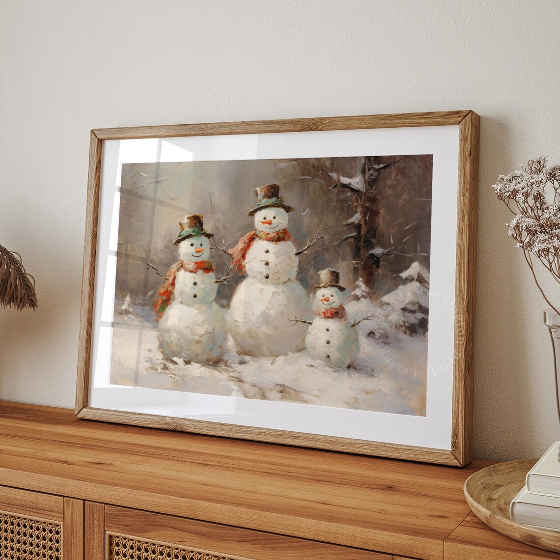 Snowman Family Trio Vintage Christmas Winter Oil Painting Poster - Image 8