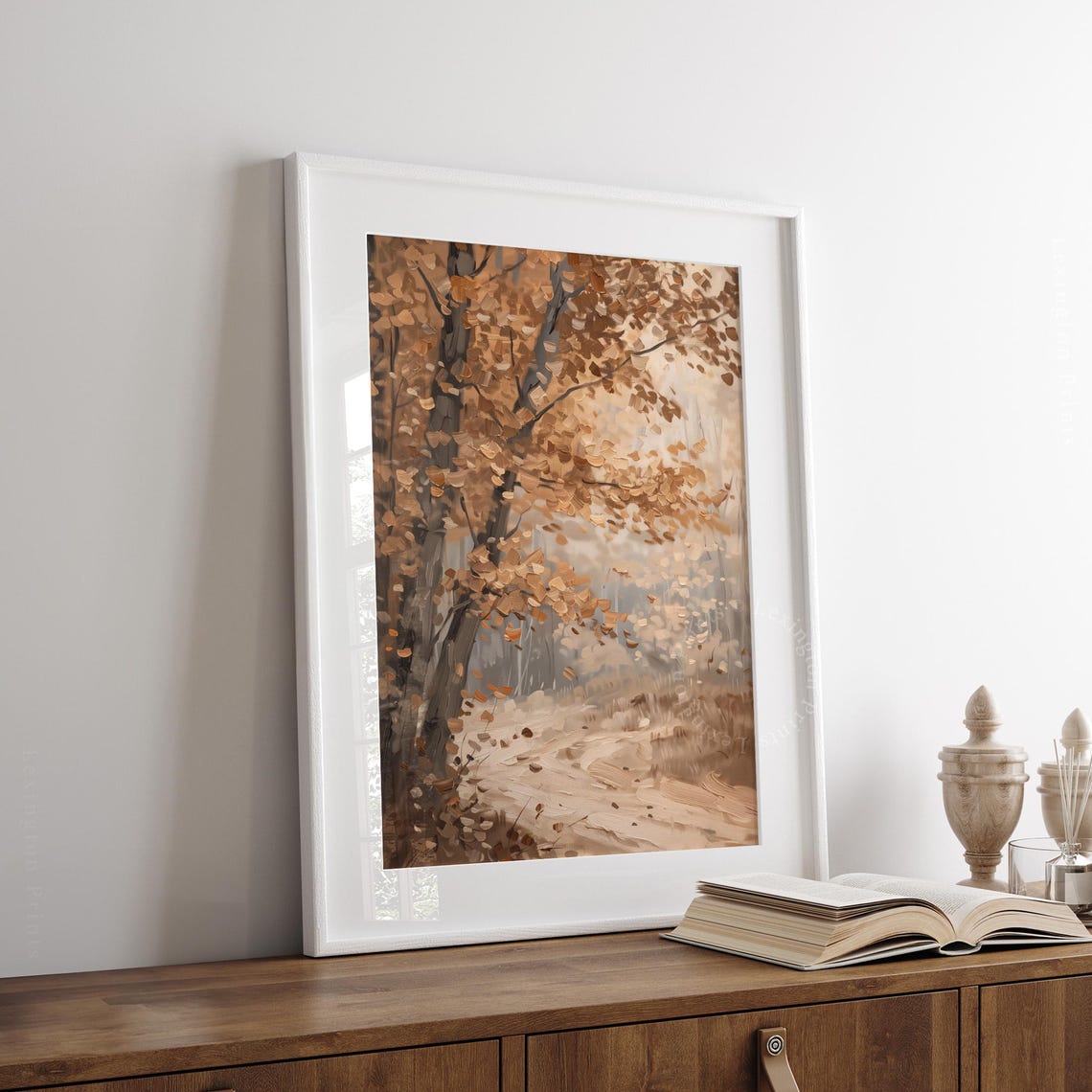 Copper Leaf Autumn Tree over Winding Path Moody Fall Forest Poster - Image 8
