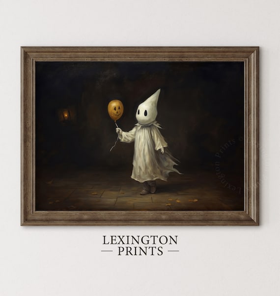 Little Ghost Child Holding Pumpkin Balloon Dark Halloween Wall Art