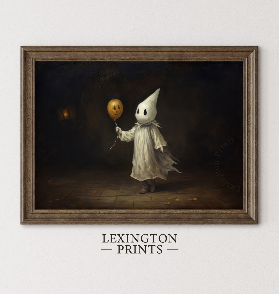 Little Ghost Child Holding Pumpkin Balloon Dark Halloween Wall Art