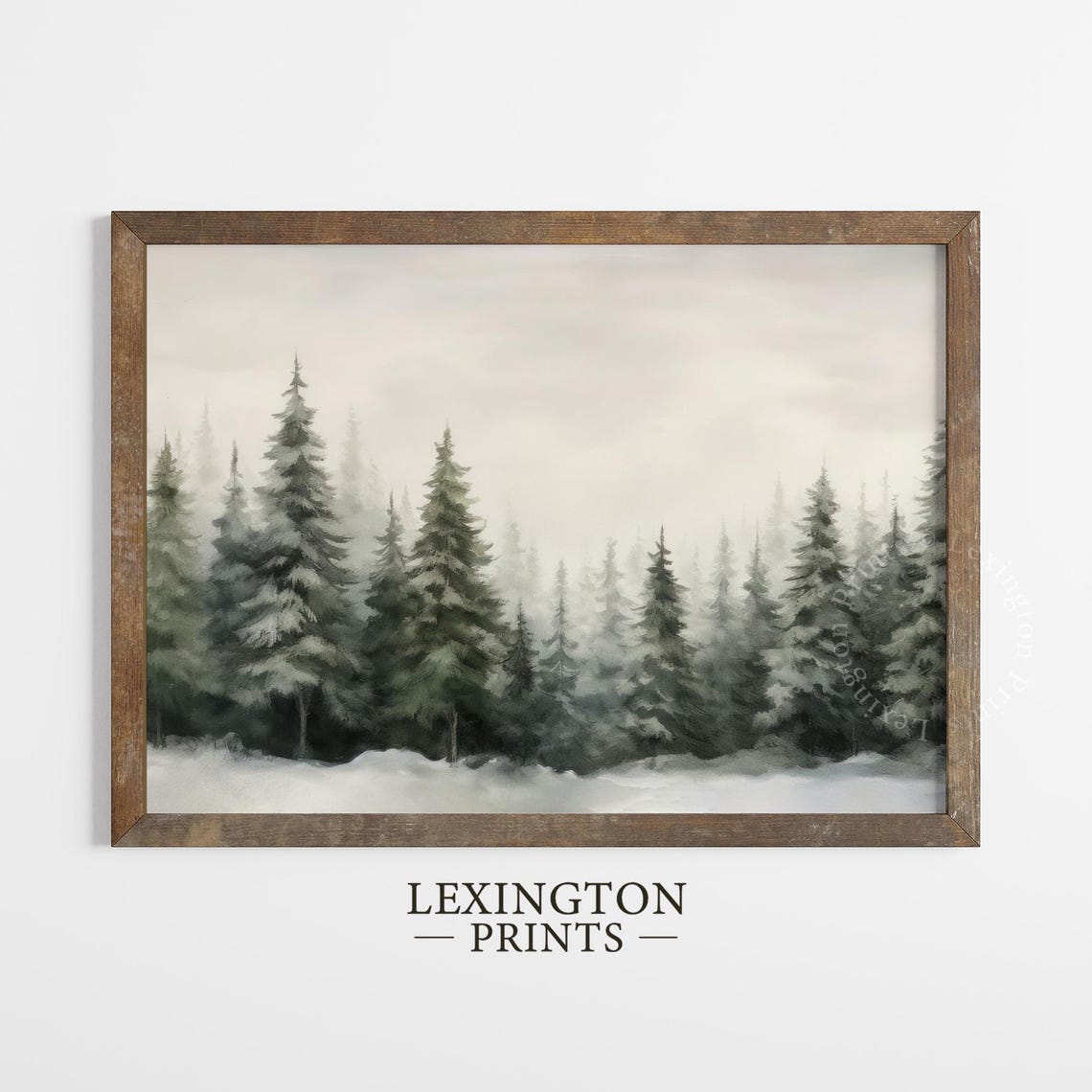 Misty Snowy Pine Forest Winter Woodland Watercolor Style Poster