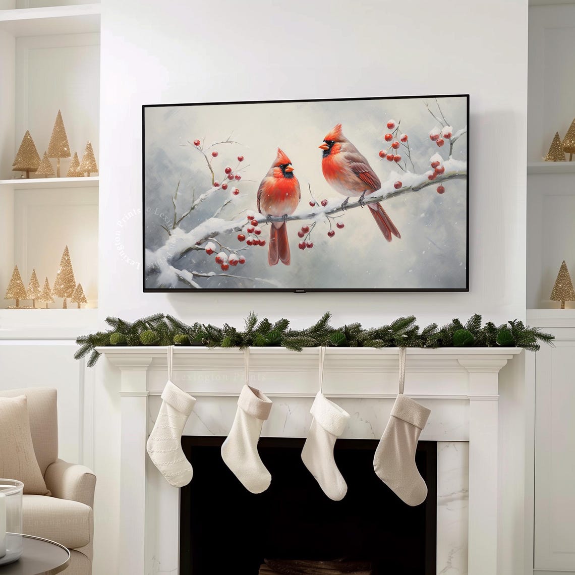 Two Red Cardinals perched on Snowy Branch Winter Bird Poster - Image 7