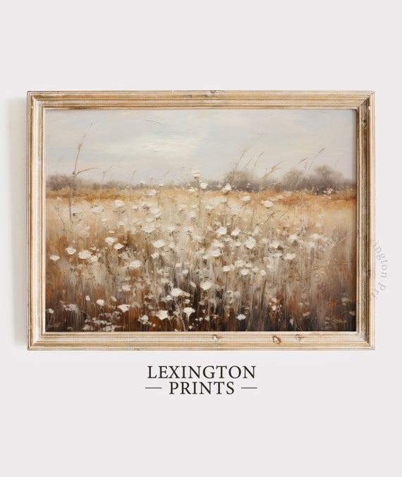 Wildflower Field Landscape Vintage Painting Moody Spring Print Farmhouse Print Neutral Wall Art Spring Art Fall Print Autumn 619