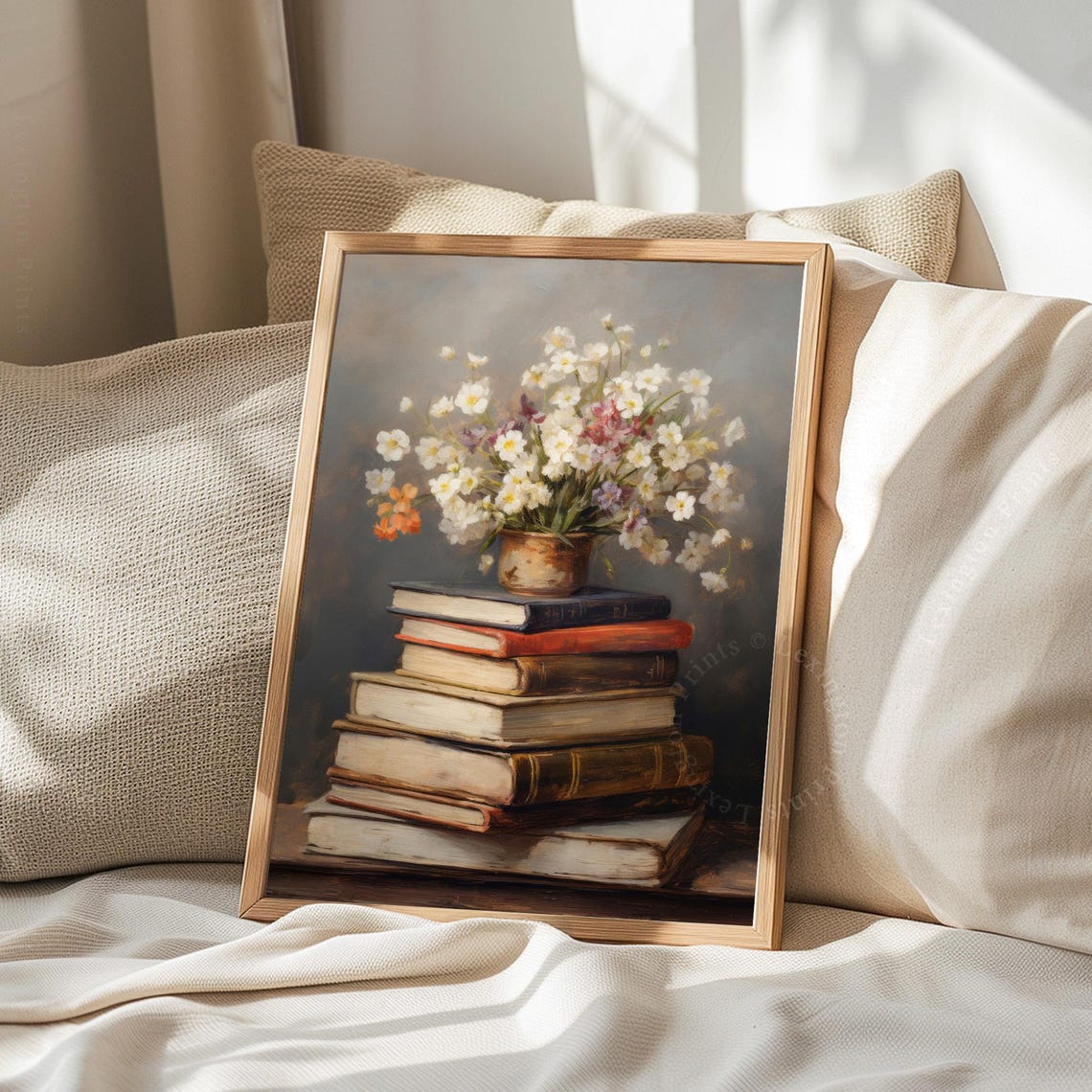 White Wildflower Bouquet in Brass Pot on Books Still Life Art Print - Image 7