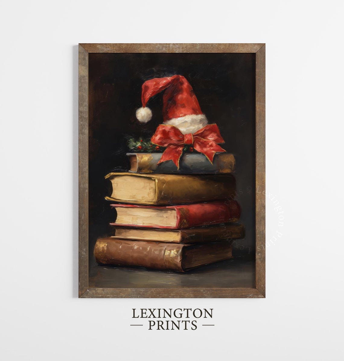 Stack of Old Books with Santa Hat and Red Bow Christmas Poster - Image 2