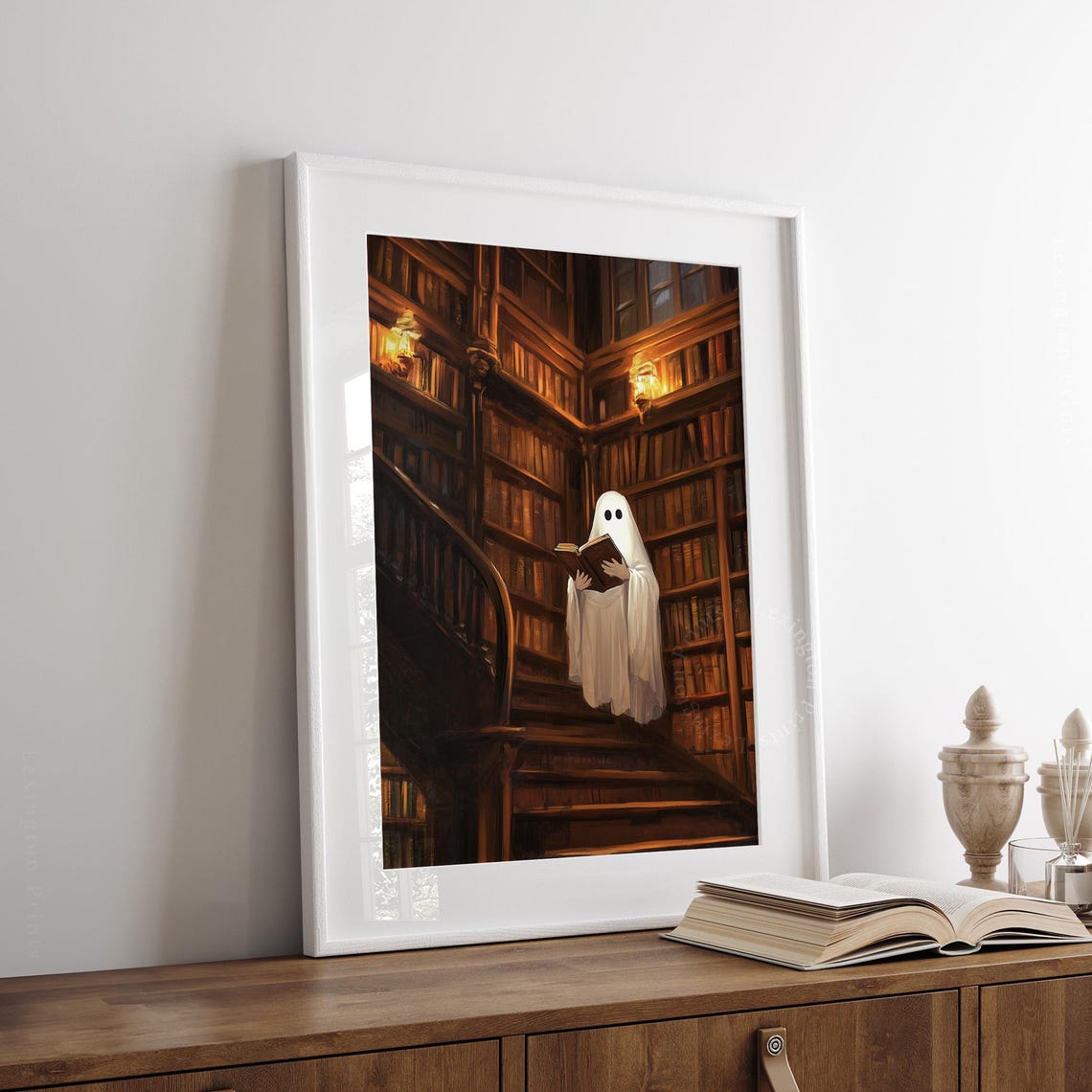 Cute Ghost Reading Book in Spooky Library Halloween Vintage Wall Art - Image 7