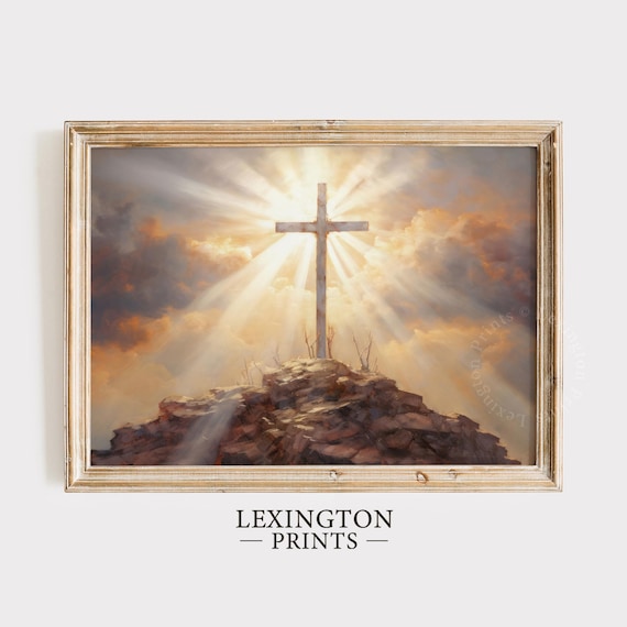 Wooden Cross on Hilltop Heavenly Light Rays Christian Wall Art