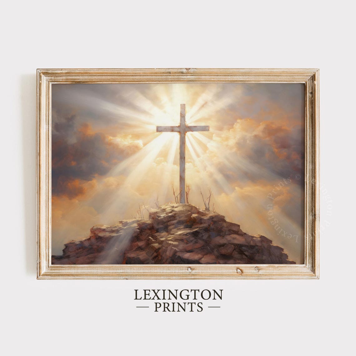 Wooden Cross on Hilltop Heavenly Light Rays Christian Wall Art