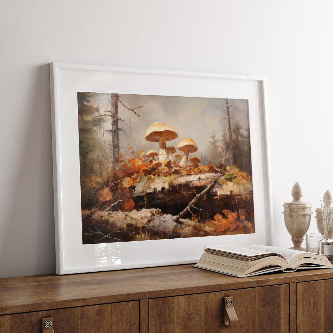 Wild Mushrooms on Fallen Log Misty Forest Oil Painting Nature Poster - Image 6