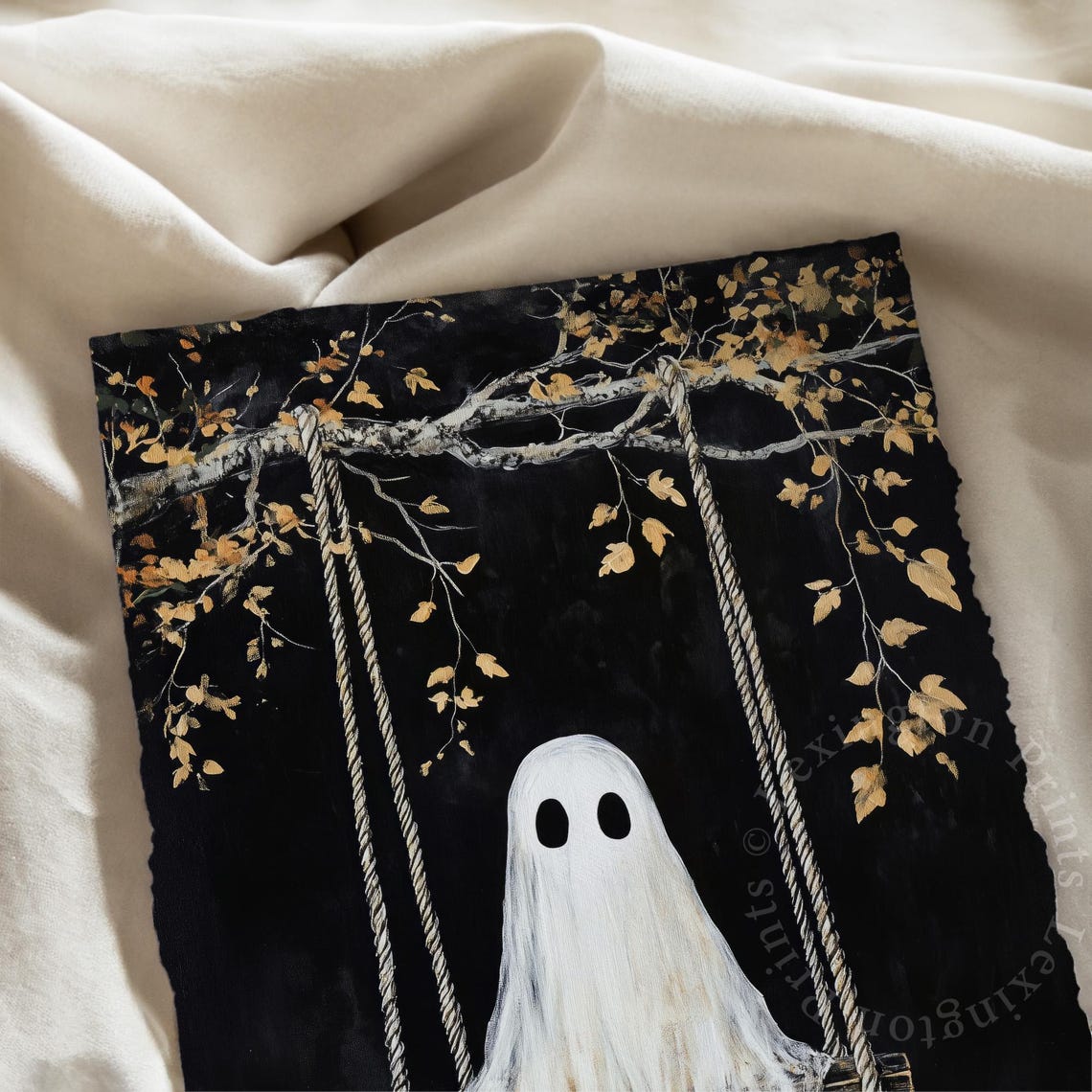 Cute White Ghost on a Swing Under Autumn Tree Halloween Poster - Image 7